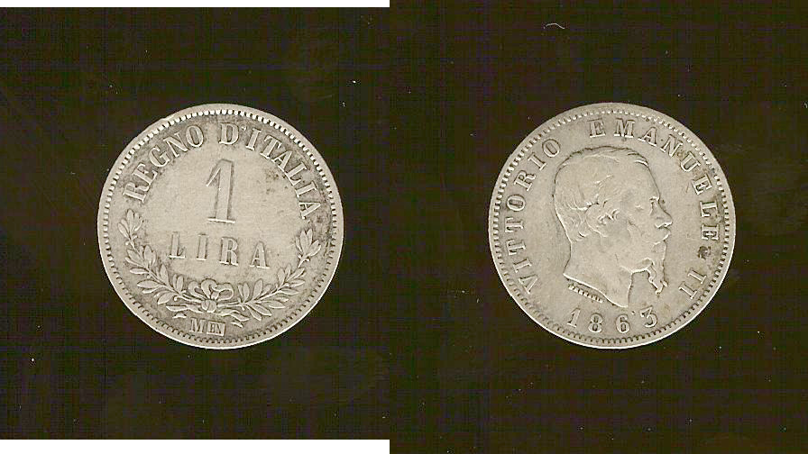 Italy 1 lira 1863M aVF/VF